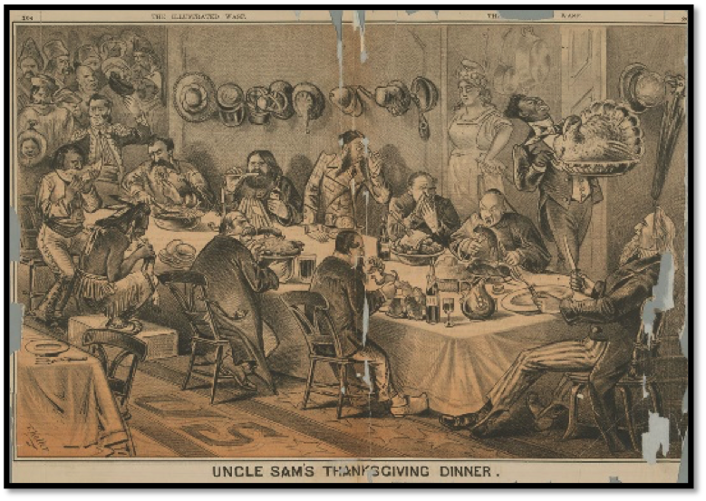 Picture of “Uncle Sam’s Thanksgiving Dinner,” The Wasp 69 (1877): 264–65.