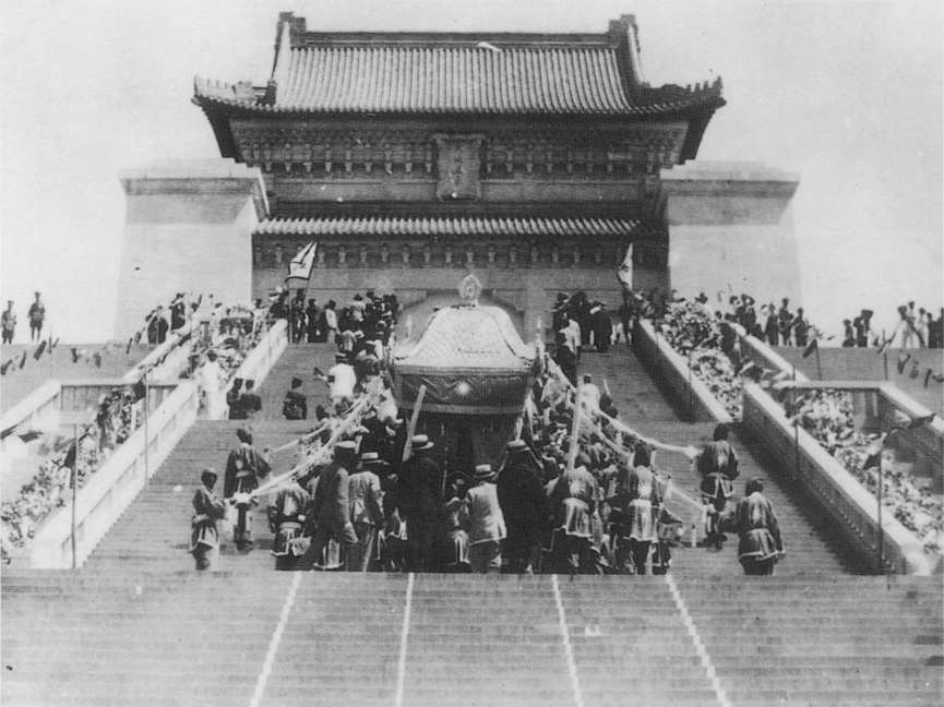 Image showing Chinese temple and people bearing a coffin